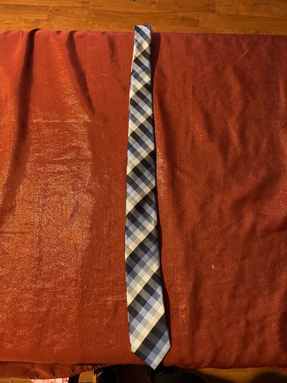 Bergamo New York Tie Mens Blue Gray Plaid Slim Skinny Necktie